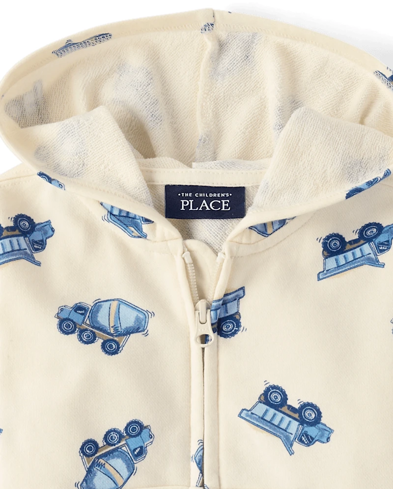 Sweat à capuche zippé en molleton français pour bébés et petits garçons, motif véhicules de chantier