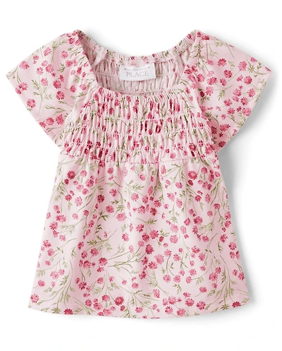 Toddler Girls Floral Smocked Flutter Top