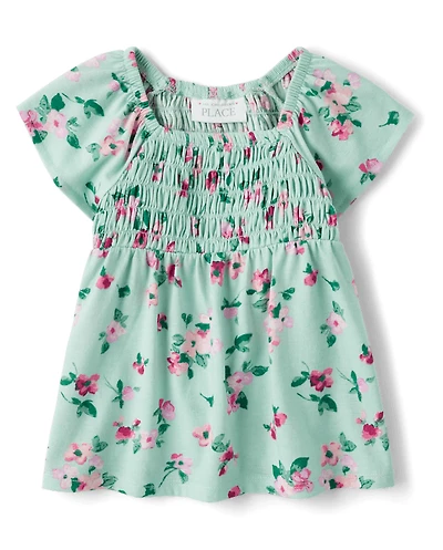 Toddler Girls Floral Smocked Flutter Top