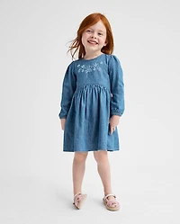 Baby And Toddler Girls Embroidered Floral Chambray Fit Flare Dress