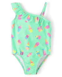 Baby And Toddler Girls Ice Cream One Shoulder Piece Swimsuit