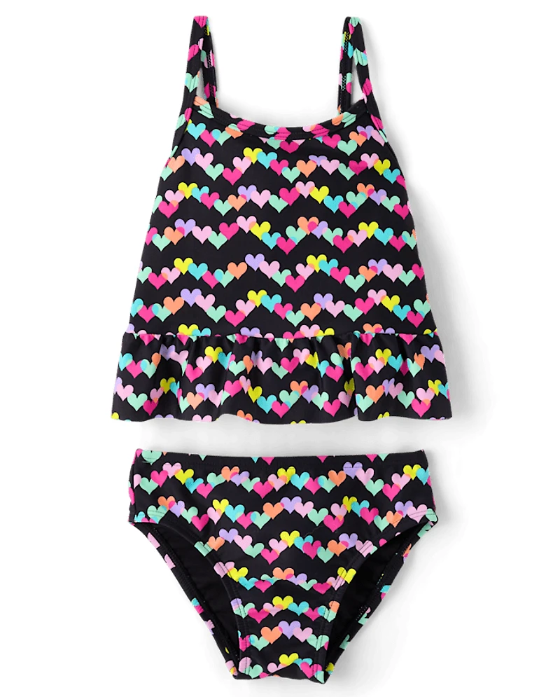 Baby And Toddler Girls Rainbow Heart Peplum Tankini Swimsuit