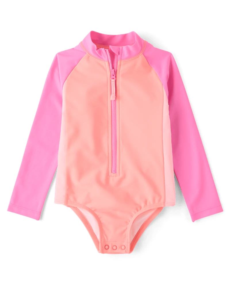 Baby And Toddler Girls Colorblock Half Zip Rashguard One Piece Swimsuit