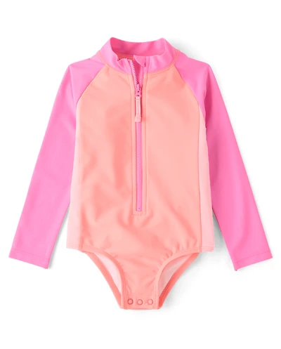 Baby And Toddler Girls Colorblock Half Zip Rashguard One Piece Swimsuit