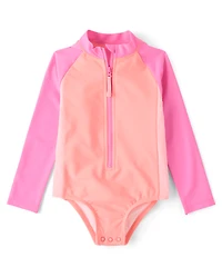 Baby And Toddler Girls Colorblock Half Zip Rashguard One Piece Swimsuit