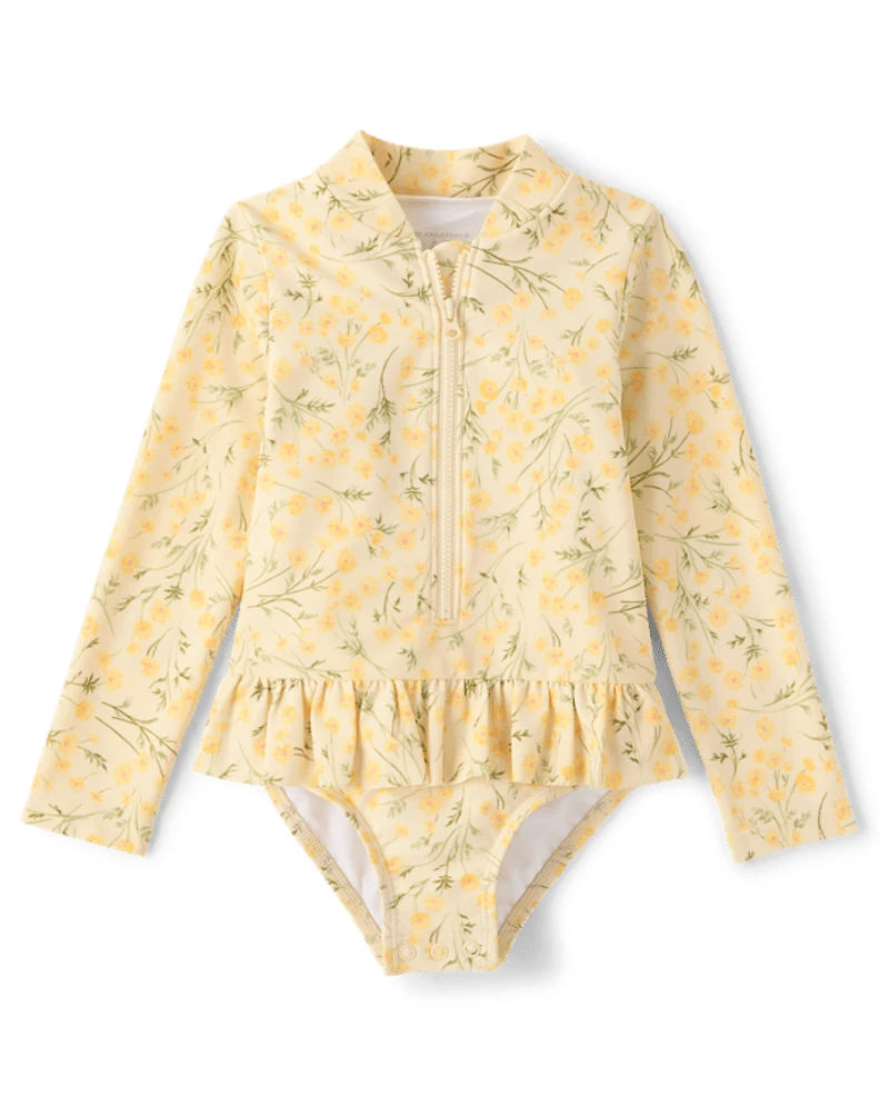 Baby And Toddler Girls Floral Half Zip Rashguard One Piece Swimsuit