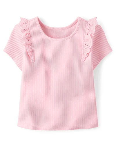 Toddler Girls Embroidered Eyelet Ribbed Flutter Tee