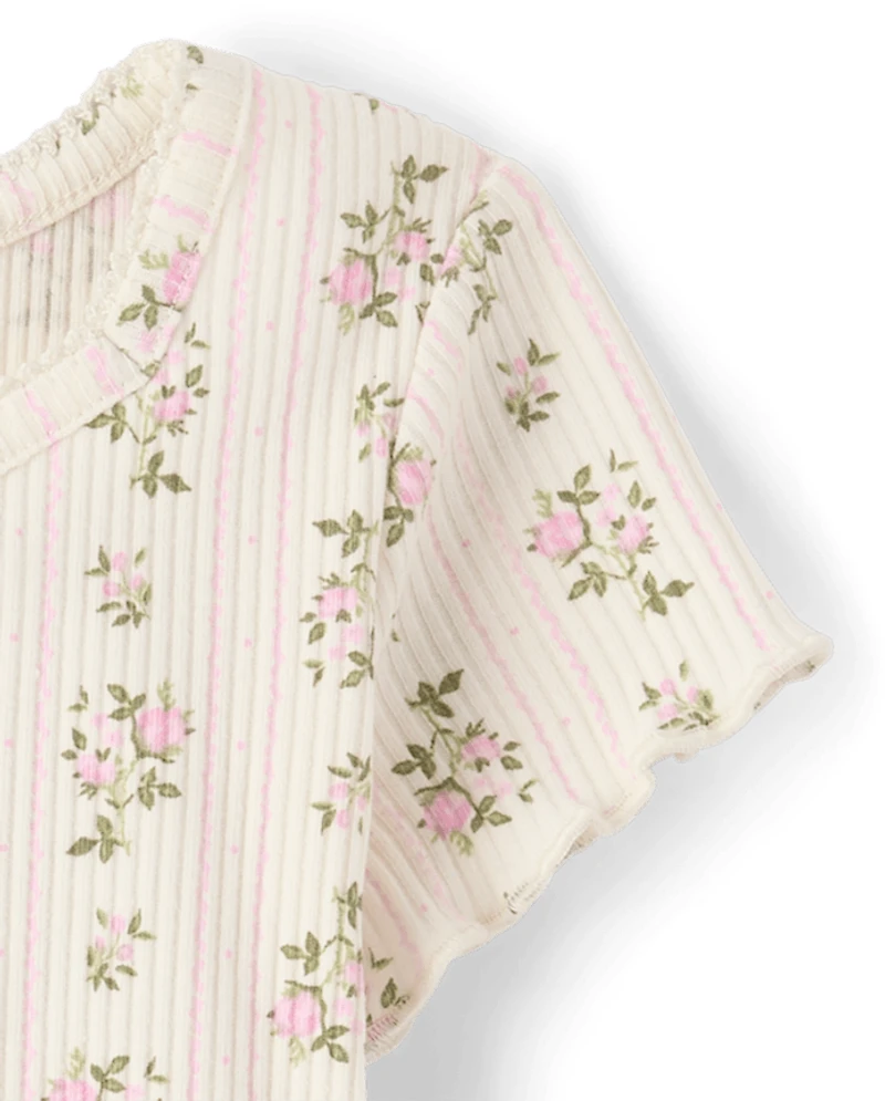 Girls Floral Ribbed Lettuce Tee