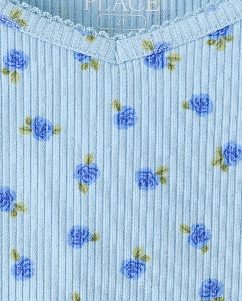 Girls Floral Ribbed Lettuce Tee