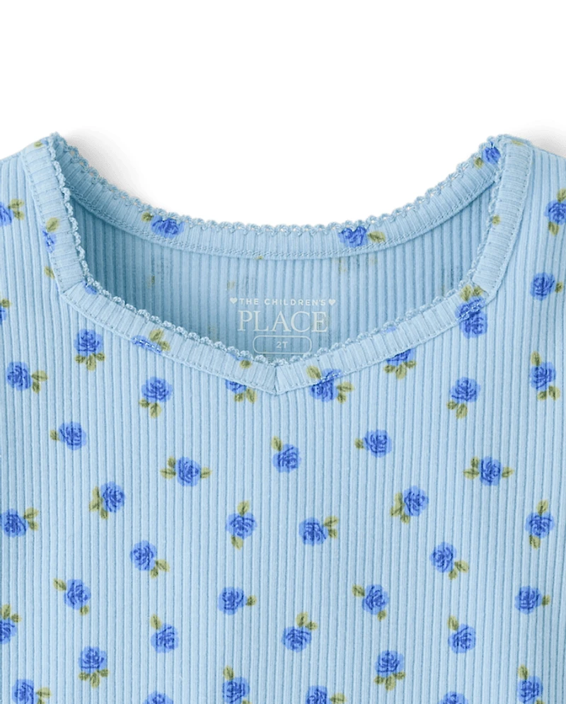 Girls Floral Ribbed Lettuce Tee