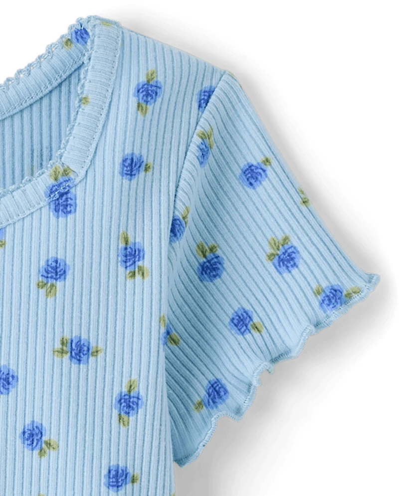 Girls Floral Ribbed Lettuce Tee