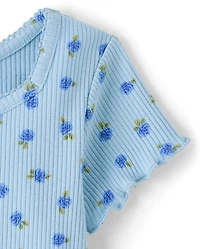 Girls Floral Ribbed Lettuce Tee