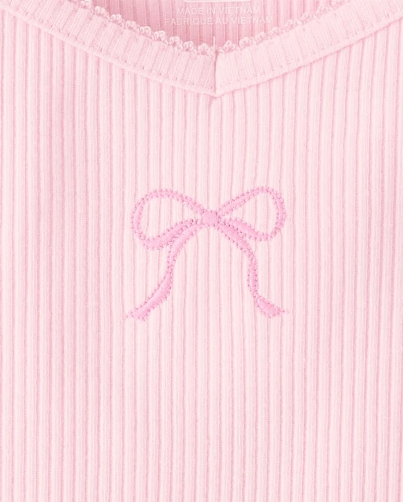 Girls Embroidered Bow Ribbed Lettuce Tee