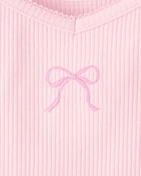 Girls Embroidered Bow Ribbed Lettuce Tee