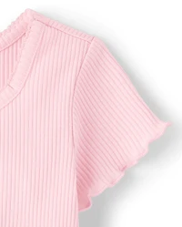 Girls Embroidered Bow Ribbed Lettuce Tee