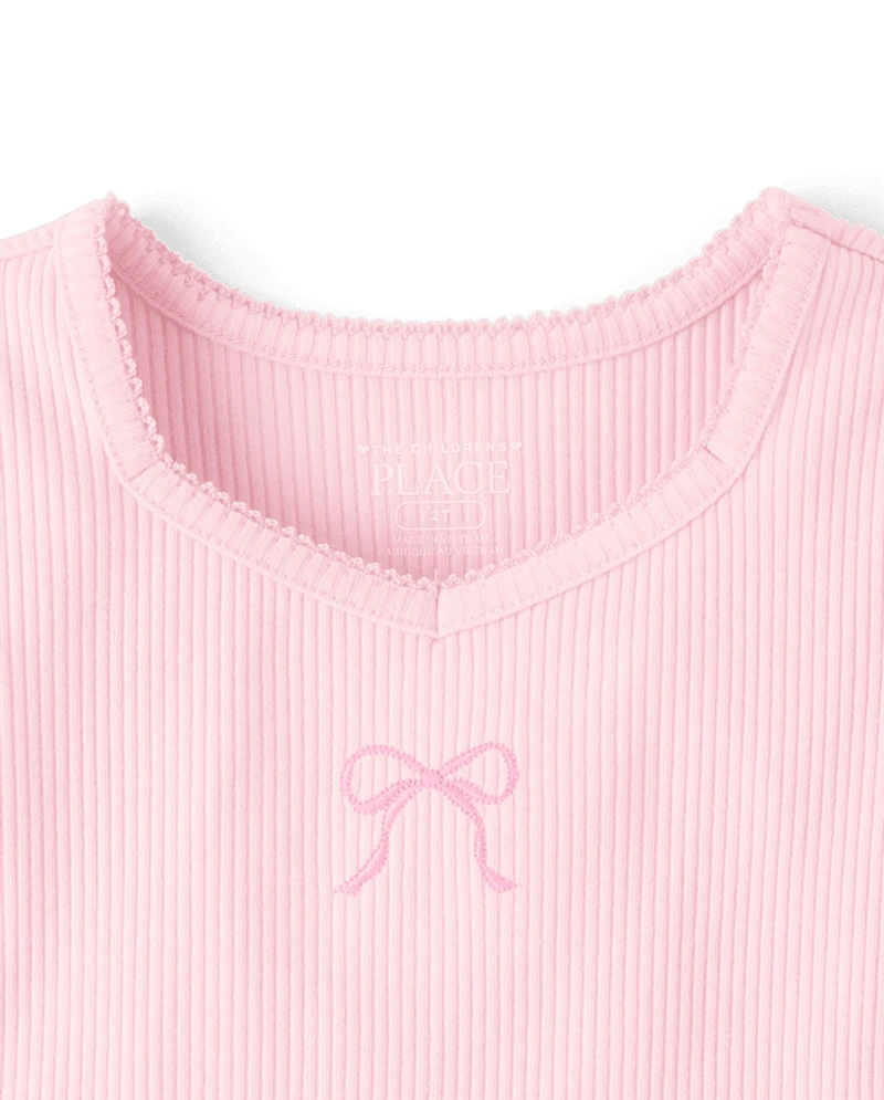 Girls Embroidered Bow Ribbed Lettuce Tee