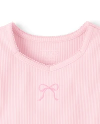 Girls Embroidered Bow Ribbed Lettuce Tee