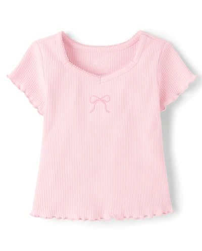 Girls Embroidered Bow Ribbed Lettuce Tee