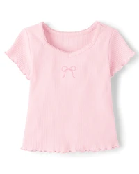 Girls Embroidered Bow Ribbed Lettuce Tee