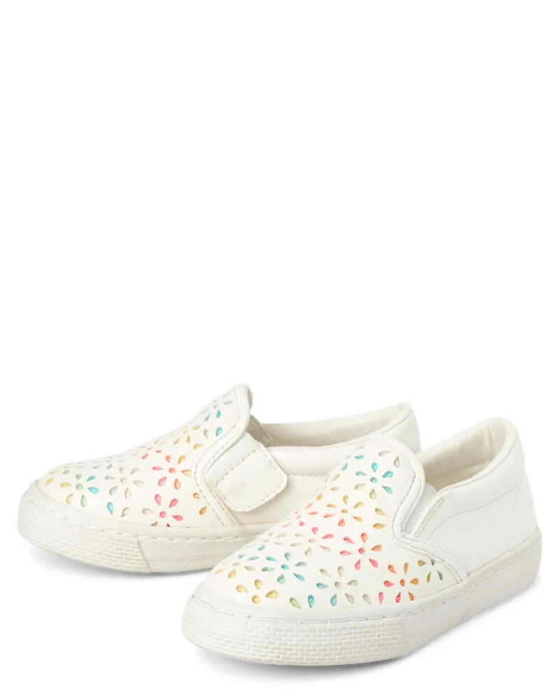 Toddler Girls Glitter Rainbow Floral Perforated Slip On Sneakers