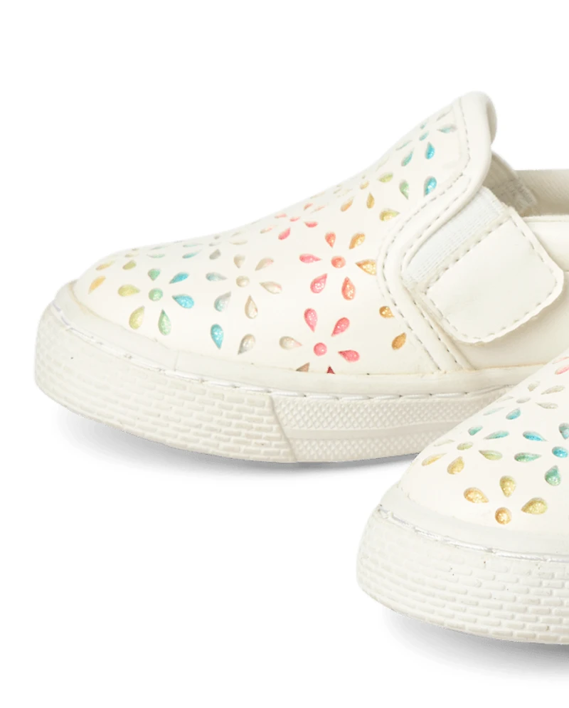 Toddler Girls Glitter Rainbow Floral Perforated Slip On Sneakers