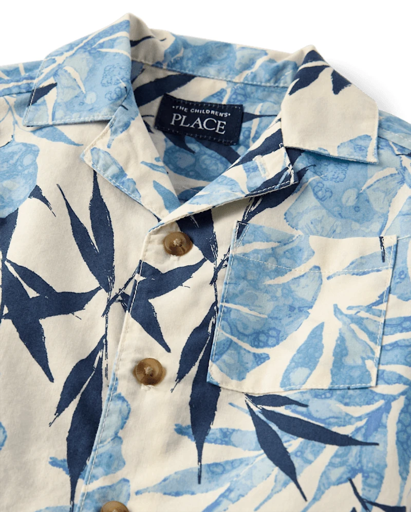Chemise boutonnée en popeline à motif de feuilles tropicales pour bébés et petits garçons