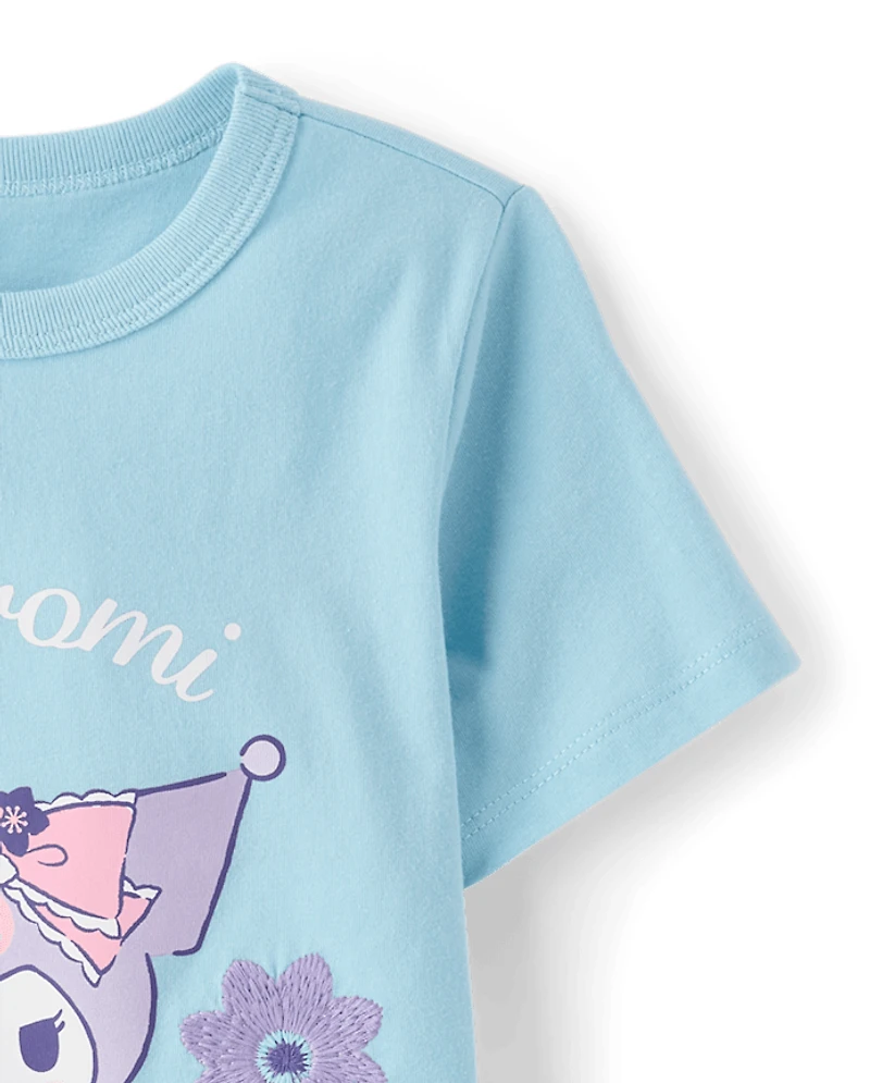 T-shirt à motif floral brodé au point de satin Kuromi™ pour petites filles