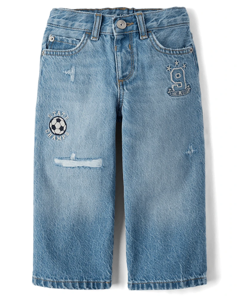 Baby And Toddler Boys Embroidered Varsity Ripped Baggy Jeans