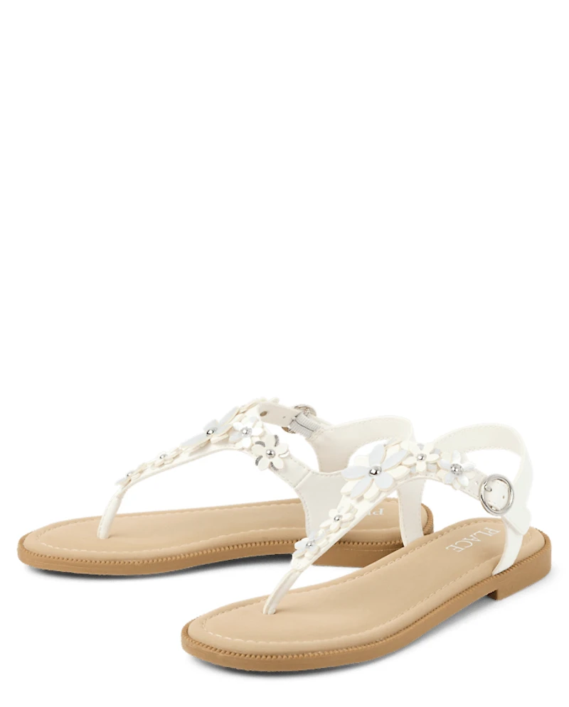 Girls Floral Rhinestone T-Strap Sandals