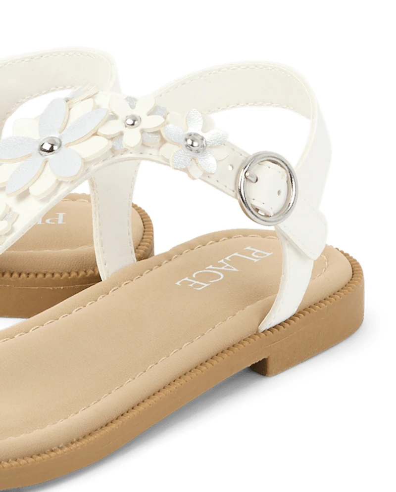 Girls Floral Rhinestone T-Strap Sandals