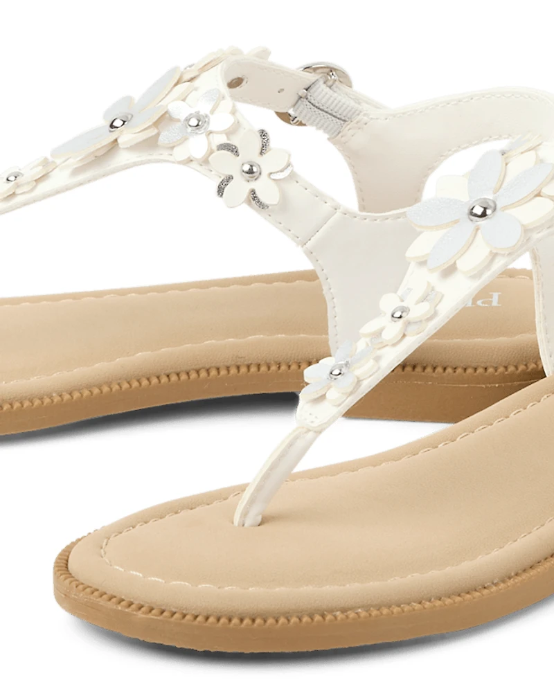 Girls Floral Rhinestone T-Strap Sandals