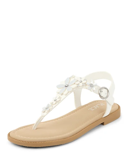 Girls Floral Rhinestone T-Strap Sandals