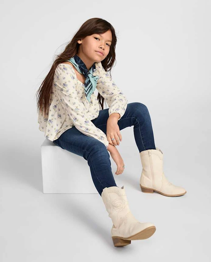 Girls Embroidered Floral Cowgirl Boots