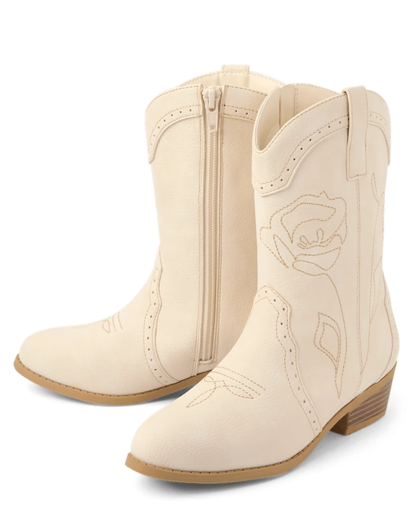 Girls Embroidered Floral Cowgirl Boots
