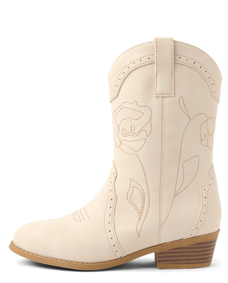 Girls Embroidered Floral Cowgirl Boots