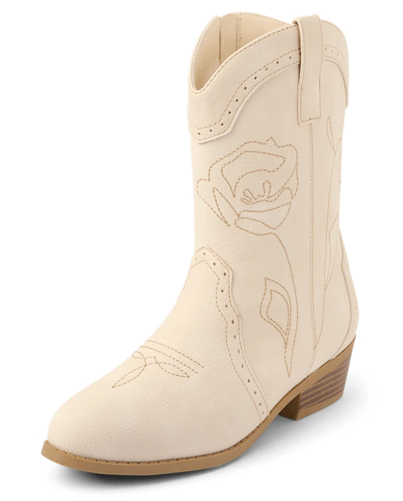 Girls Embroidered Floral Cowgirl Boots