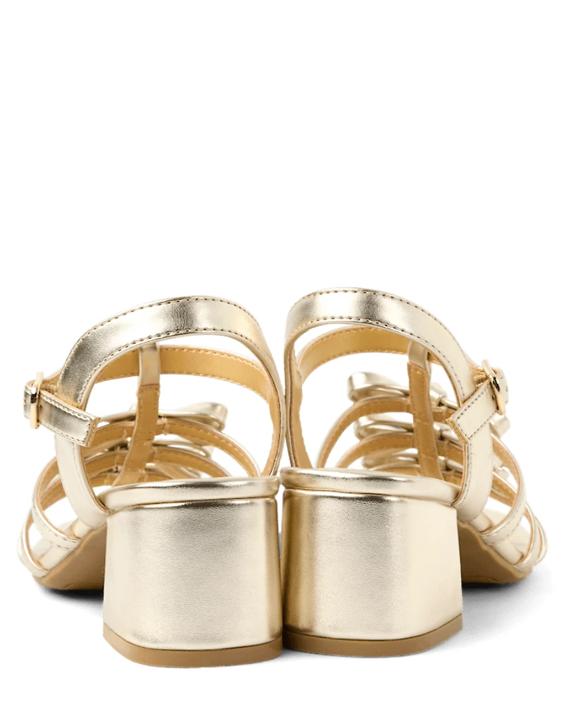 Girls Metallic Bow Block Heels