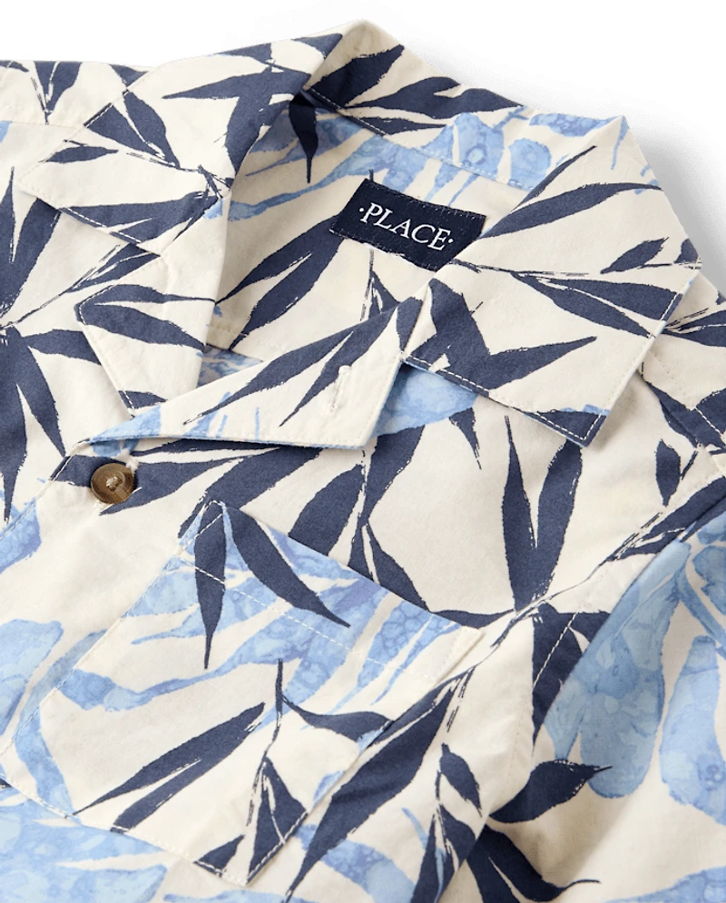 Boys Tropical Leaf Poplin Button Up Shirt