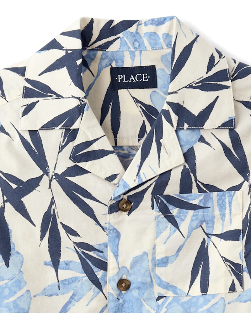 Chemise boutonnée en popeline à motif de feuilles tropicales pour garçon
