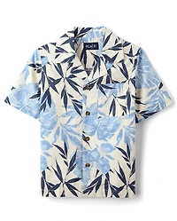 Boys Tropical Leaf Poplin Button Up Shirt