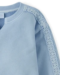 Girls Garment Dyed Crochet Lace Premium Fleece Sweatshirt