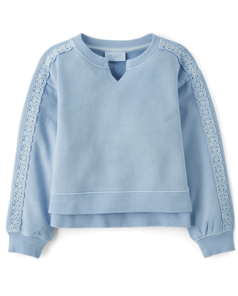 Girls Garment Dyed Crochet Lace Premium Fleece Sweatshirt