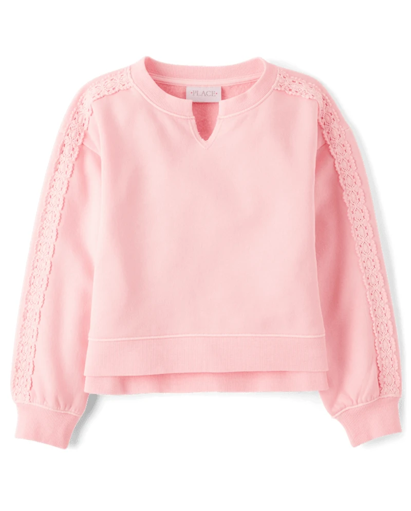 Girls Garment Dyed Crochet Lace Premium Fleece Sweatshirt