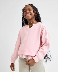 Girls Garment Dyed Crochet Lace Premium Fleece Sweatshirt