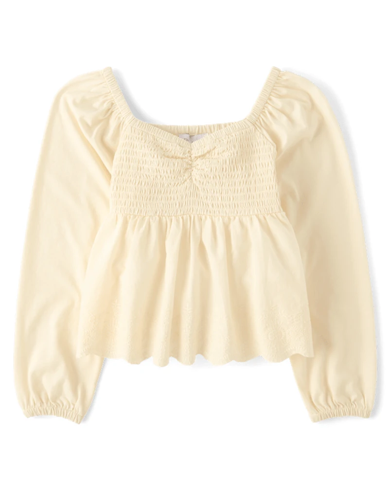 Girls Embroidered Eyelet Peplum Top