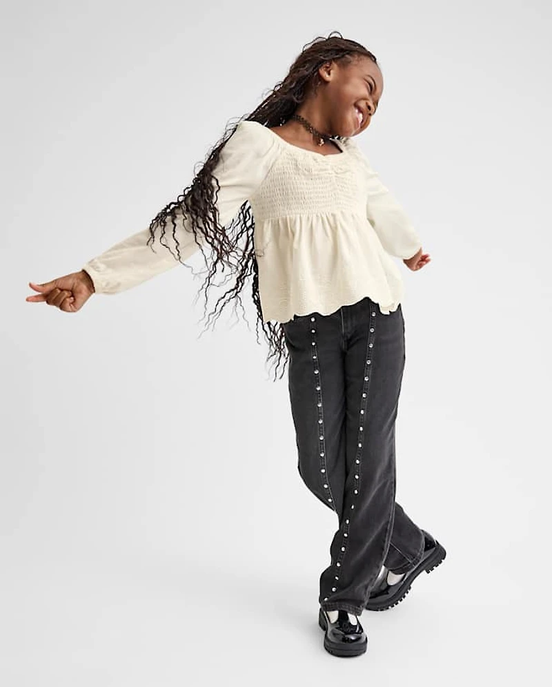 Girls Embroidered Eyelet Peplum Top