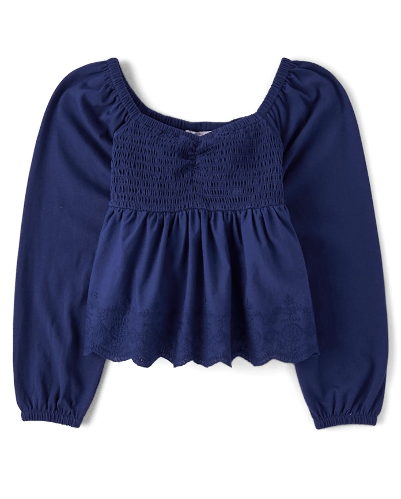 Girls Embroidered Eyelet Peplum Top