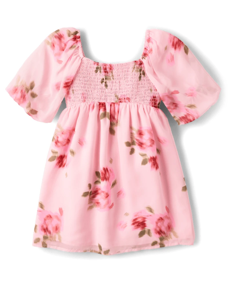 Girls Floral Chiffon Smocked Dress