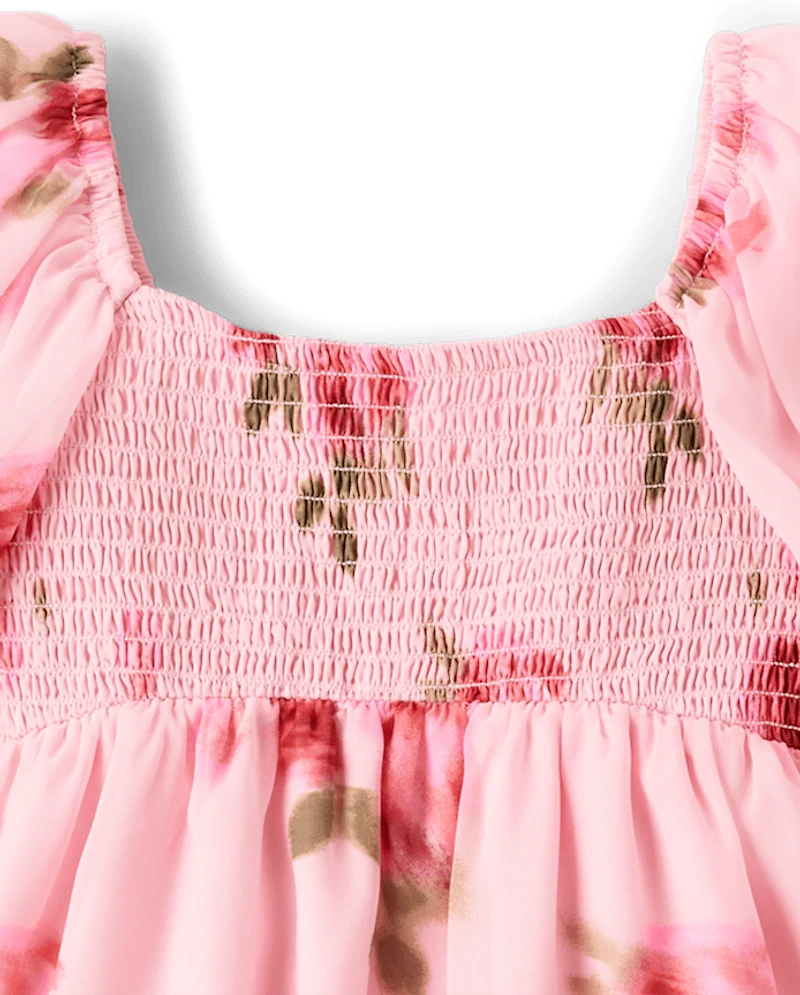 Girls Floral Chiffon Smocked Dress