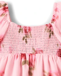 Girls Floral Chiffon Smocked Dress